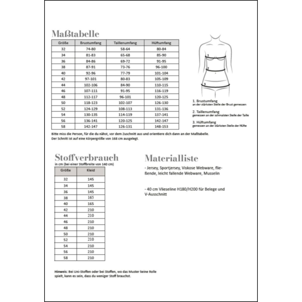 Maßtabelle und Stoffverbrauch Papierschnittmuster - Kleid Easy Damen von Fadenkäferr